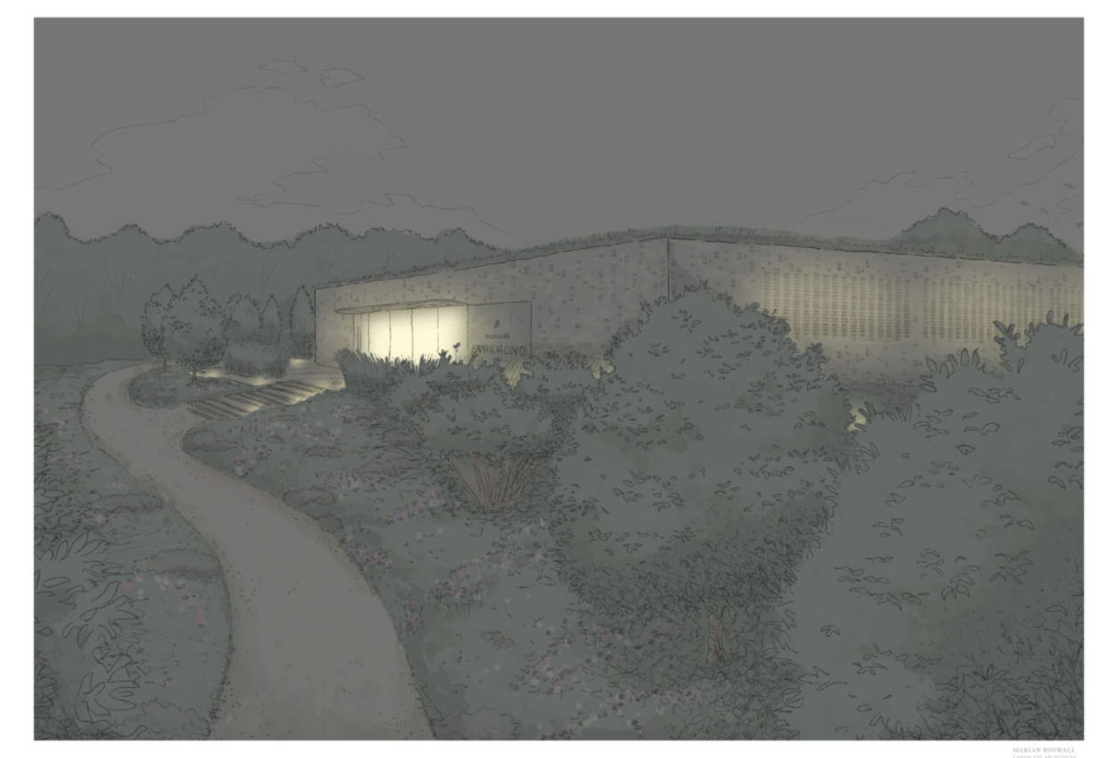 Illustration Of Domaine Evremond winery at night by Marian Boswall Landscape Architects