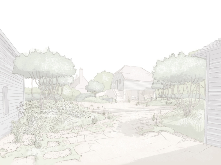 Sussex Farmstead, View from house to gravel garden